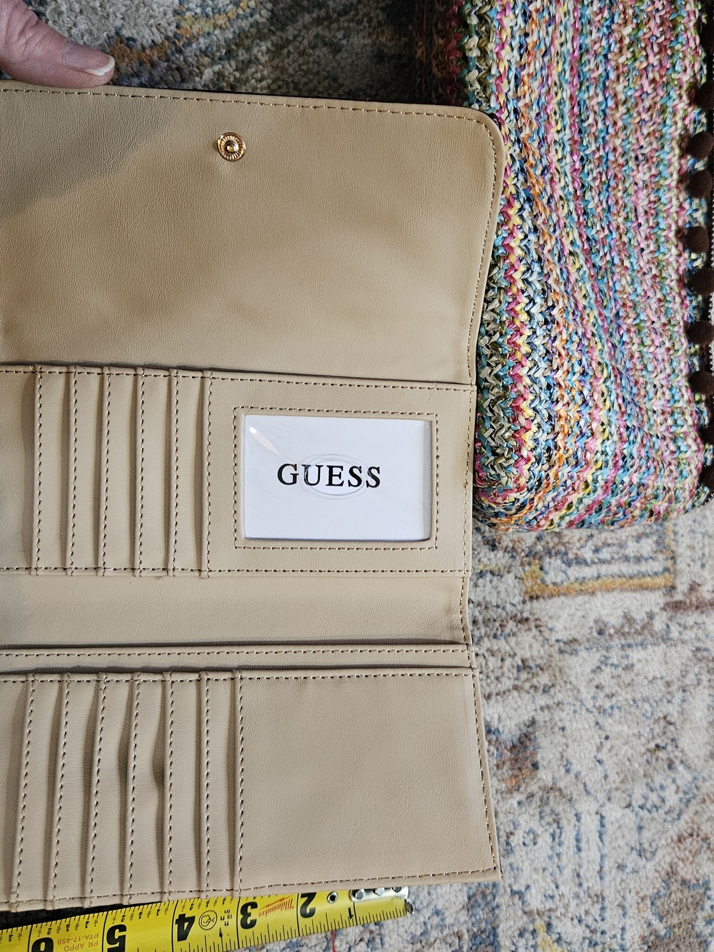 GUESS Burgundy Quilted Wallet & Multicolor Woven Straw Pom Pom Clutch Bag Set - Picture 11 of 11